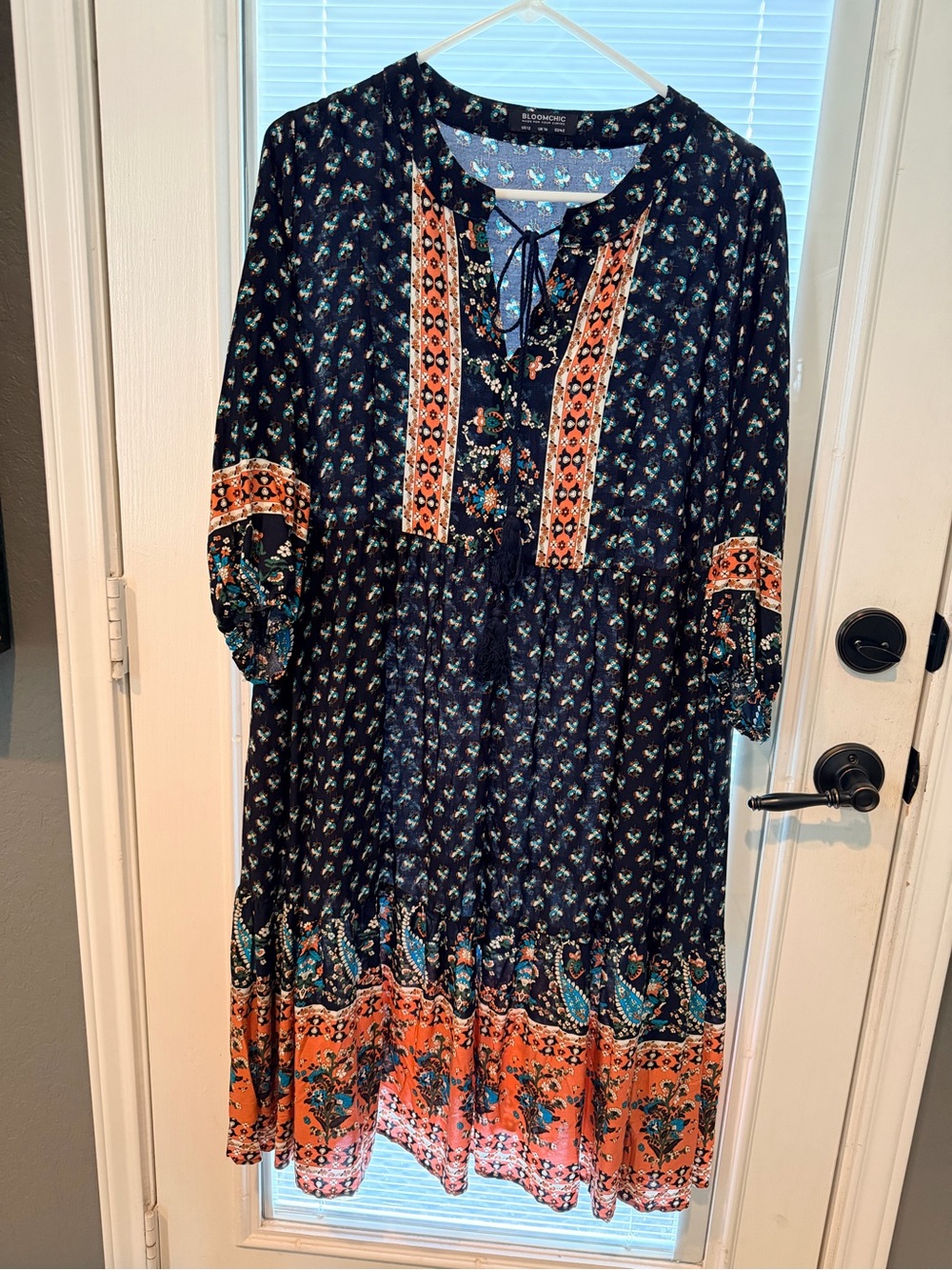 BloomChic Navy Midi Dress with Orange & Teal Border Accents